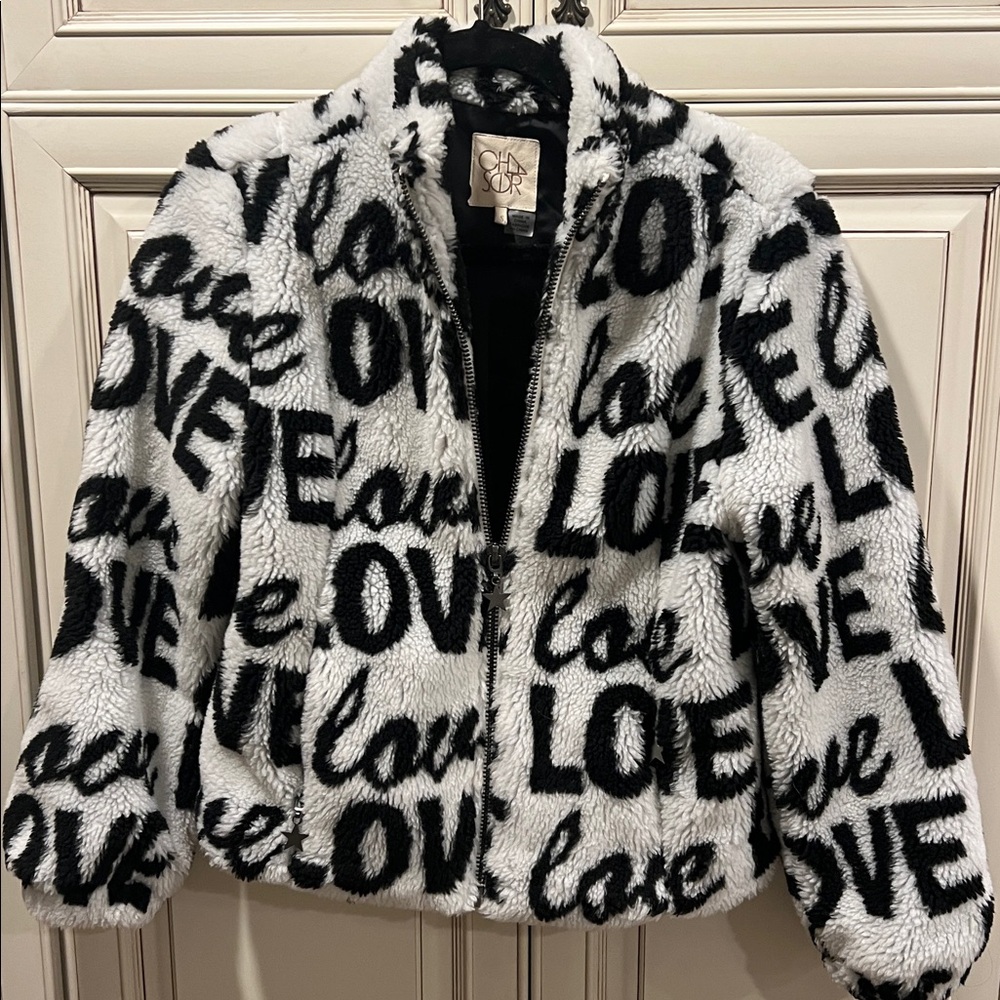 CHASER love faux fur jacket in white & black Size S